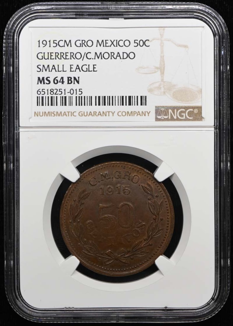 Mexico Guerrero C Morado 1915CM 50C KM-657 NGC MS64BN: Mexico Guerrero C Morado 1915CM 50C KM-657 NGC MS64BN 1915 Mexico Guerrero/C. Morado 50 centavos coin, cataloged as KM-657 and GB-162. This pre-owned example is certified by NGC and graded MS64BN. Lis