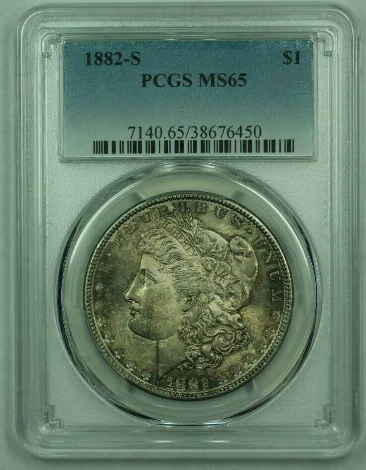 PCGS MS65 1882-S Morgan Silver Dollar Toned: PCGS MS65 1882-S Morgan Silver Dollar Toned This 1882-S Morgan Silver Dollar features unique toning and has been graded MS-65 by PCGS. Struck in San Francisco, this uncirculated coin is composed of 90