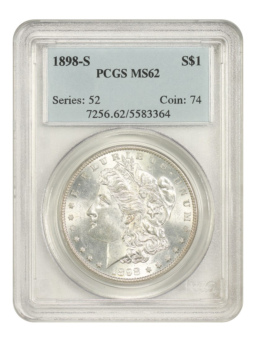 1898 S Morgan Silver Dollar PCGS MS62 San Francisco Mint: 1898 S Morgan Silver Dollar PCGS MS62 San Francisco Mint 1898-S Morgan Dollar certified by PCGS in MS62. This uncirculated better-date S-Mint Morgan is noted as being exceedingly difficult to locate i