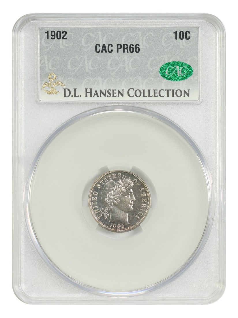 1902 Barber Dime 10C PR66 CACG ex D.L. Hansen: 1902 Barber Dime 10C PR66 CACG ex D.L. Hansen 1902 Barber Dime certified PR66 by CACG. This proof issue is described as virtually uncollectible in Cameo, with only two pieces reported between all majo