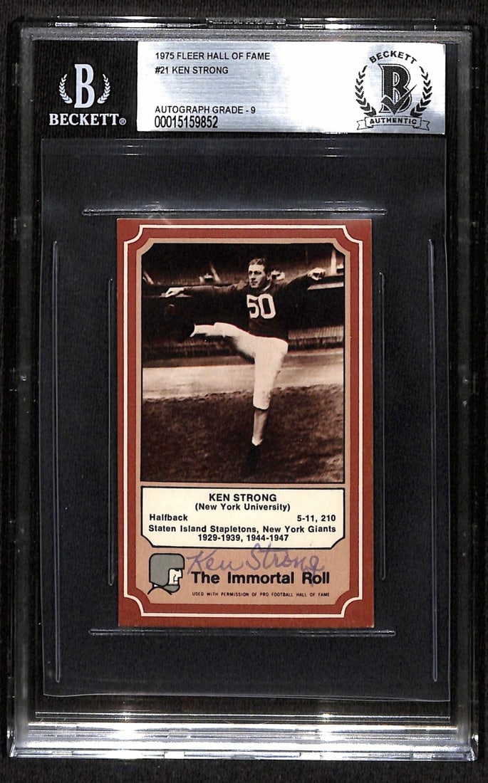 Ken Strong Autographed 1975 Fleer Immortal Roll Football Card Beckett Authenticated: Ken Strong Autographed 1975 Fleer Immortal Roll Football Card Beckett Authenticated This is an autographed 1975 Fleer Immortal Roll football trading card featuring the signature of NFL Hall of Famer K