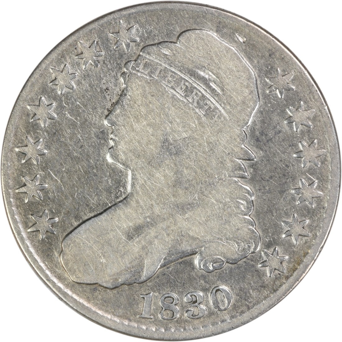 1830 United States Small 0 Bust Half Dollar VG Grade Uncertified: 1830 United States Small 0 Bust Half Dollar VG Grade Uncertified This 1830 Bust Half Dollar features the Small 0 variety and was struck in Philadelphia. Designed by John Reich, the coin is composed of