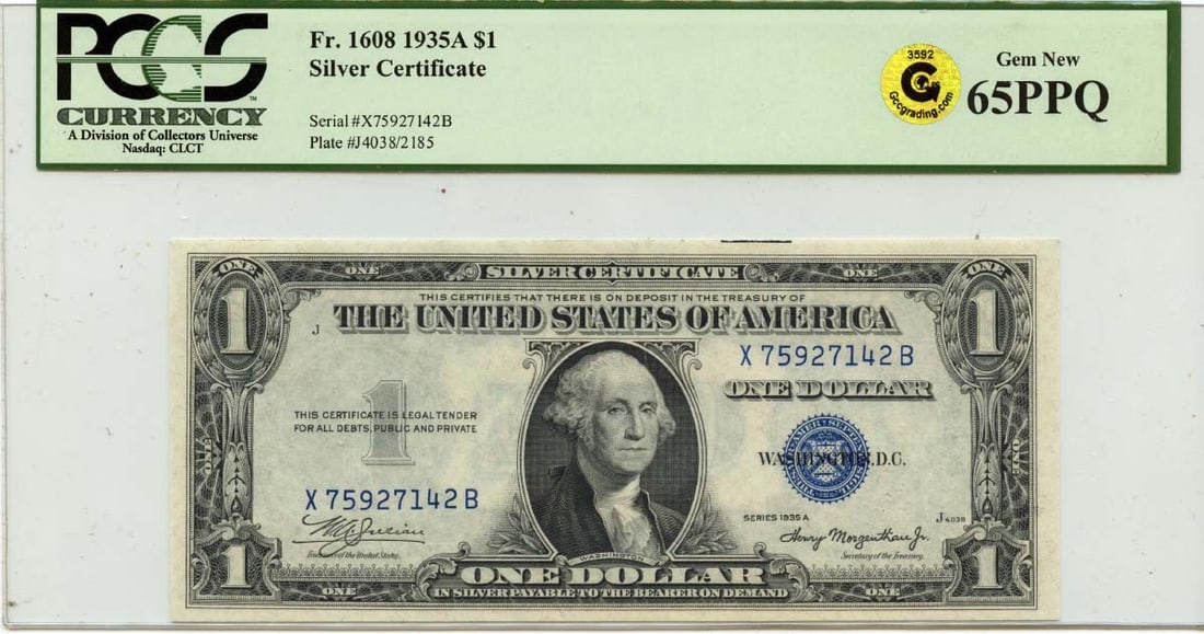 1935A $1 Silver Certificate FR#1608 PCGS Gem65 PPQ Premium Quality: 1935A $1 Silver Certificate FR#1608 PCGS Gem65 PPQ Premium Quality This 1935A $1 Silver Certificate, designated as FR#1608, is a remarkable collectible piece certified by PCGS Currency. It carries a g