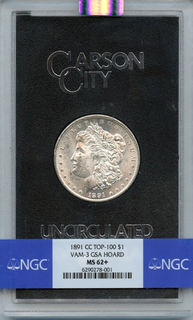 NGC MS62 Plus 1891-CC Morgan Silver Dollar VAM-3 GSA Hoard: NGC MS62 Plus 1891-CC Morgan Silver Dollar VAM-3 GSA Hoard This is an 1891-CC Morgan Dollar, VAM-3 variety, from the GSA Hoard. It has been professionally certified by NGC with a grade of MS62+. The c