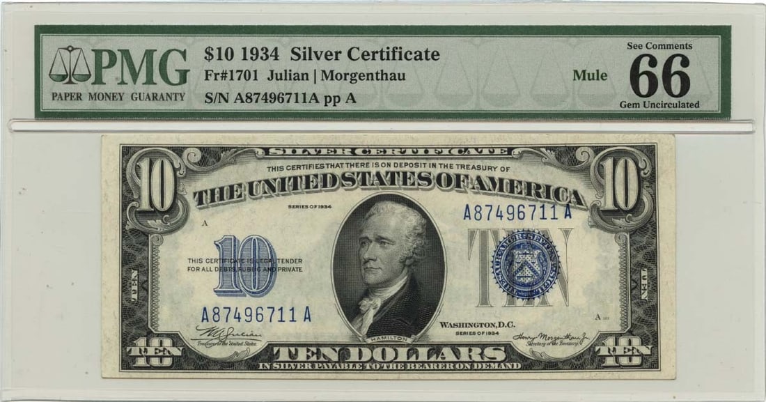 1934 $10 Silver Certificate Blue MULE Fr# 1701 PMG GEM 66 EPQ: 1934 $10 Silver Certificate Blue MULE Fr# 1701 PMG GEM 66 EPQ This 1934 $10 Silver Certificate, designated as Fr# 1701, is a remarkable piece for collectors. It is graded MS66 by PMG, indicating its e