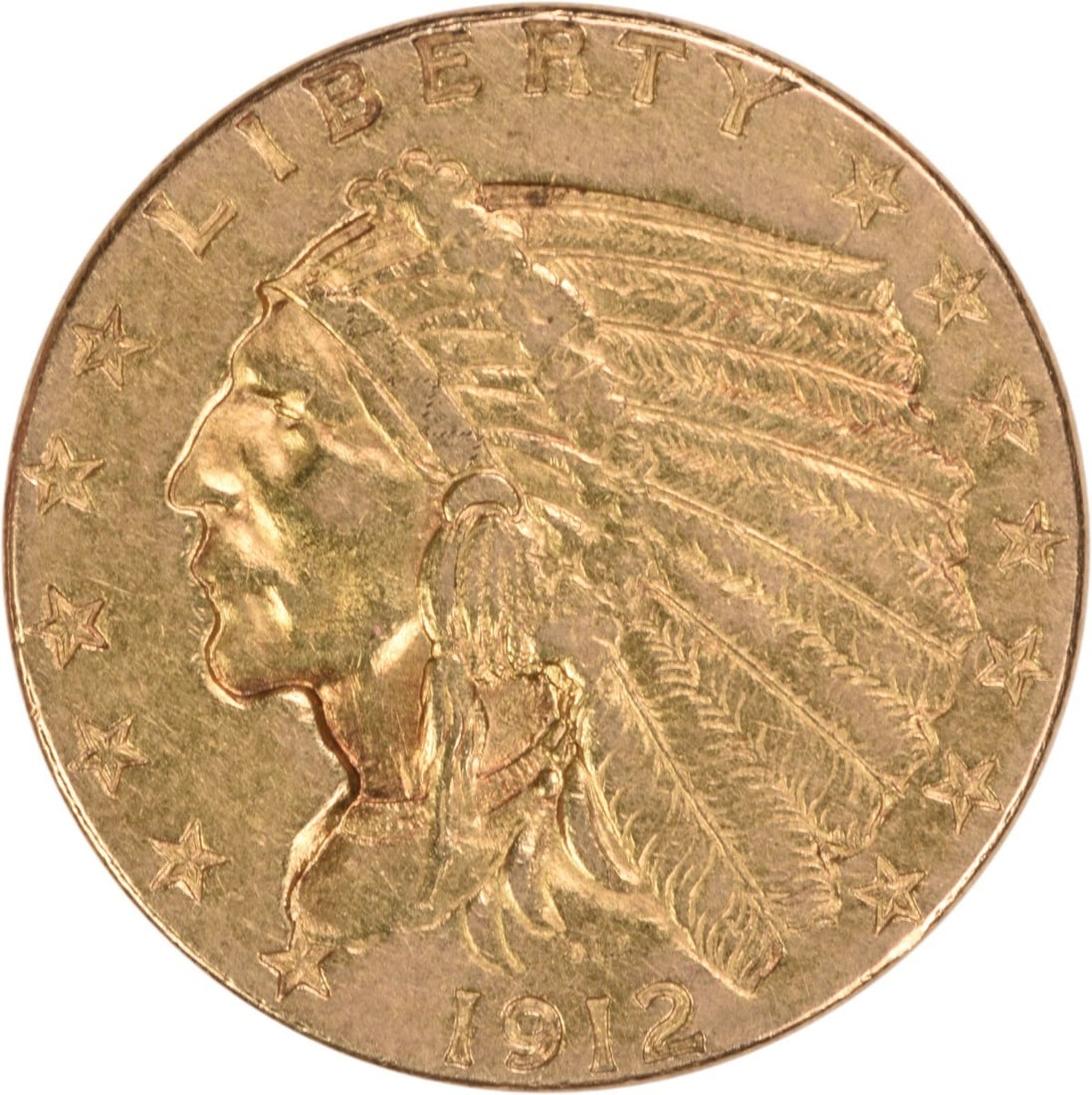 1912 Indian Head $2.50 Gold Coin About Uncirculated Uncertified: 1912 Indian Head $2.50 Gold Coin About Uncirculated Uncertified This is a 1912 $2.50 Gold Indian coin from the United States, minted in Philadelphia. Designed by Bela Lyon Pratt, this circulated pre-1