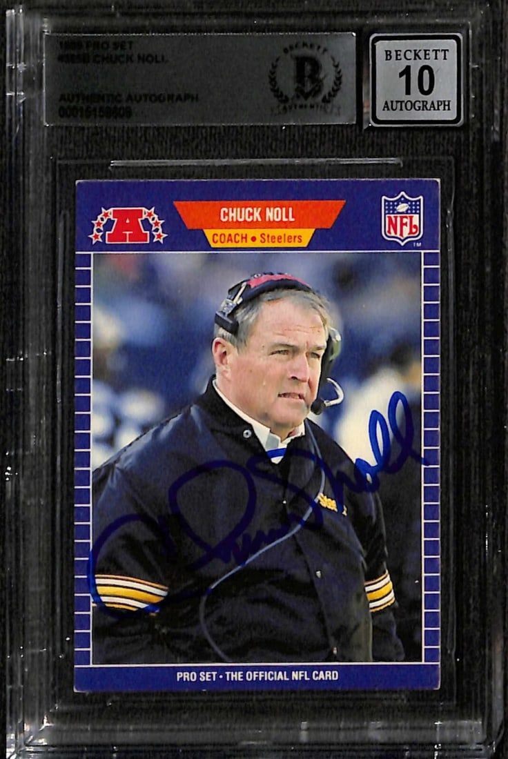 Chuck Noll Signed 1989 Pro Set Football Card #355 Beckett Authenticated: Chuck Noll Signed 1989 Pro Set Football Card #355 Beckett Authenticated This 1989 Pro Set Football #355 trading card features the signature of former Pittsburgh Steelers head coach Chuck Noll. Signed 