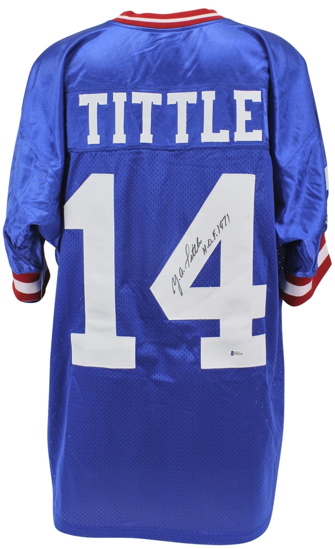 BAS Certified Y.A. Tittle Signed New York Giants Apex Proline Jersey HOF 1971: BAS Certified Y.A. Tittle Signed New York Giants Apex Proline Jersey HOF 1971 Autographed blue Apex Proline jersey signed by Y.A. Tittle and inscribed "HOF 1971." This original football collectible re