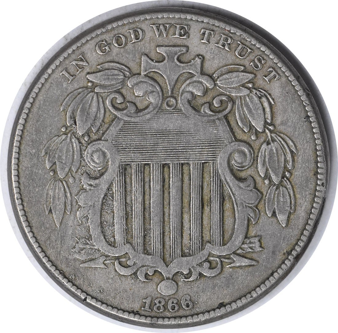 1866 Shield Nickel 5C Choice VF Pitted Obverse Uncertified: 1866 Shield Nickel 5C Choice VF Pitted Obverse Uncertified 1866 Shield Nickel 5C with rays, featuring a pitted obverse die and offered in Choice VF circulated condition. This uncertified United States