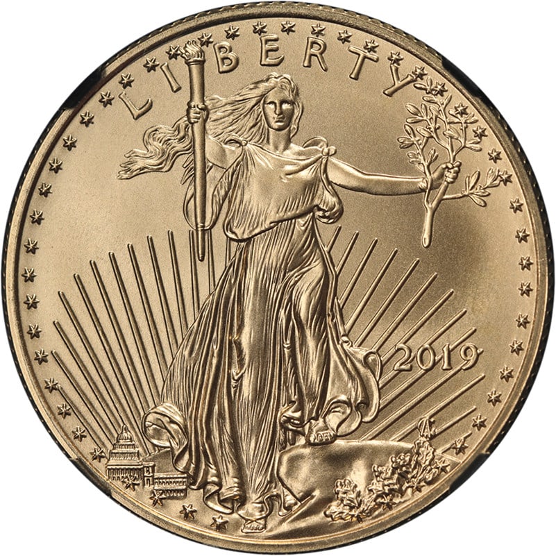 NGC MS70 2019 $25 Gold American Eagle with Miles Standish Signed Label: NGC MS70 2019 $25 Gold American Eagle with Miles Standish Signed Label This is an un-used 2019 Gold American Eagle $25 coin, certified by NGC with a perfect MS70 grade. The label is signed by Miles St