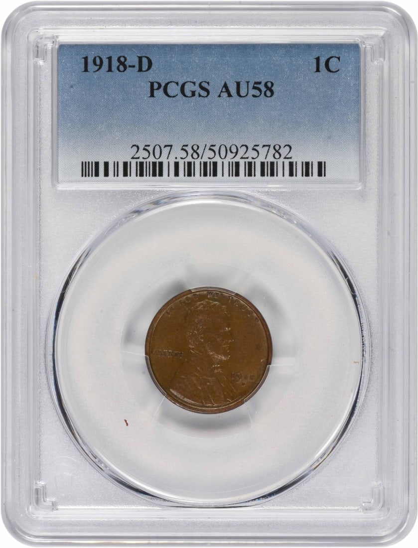 PCGS AU58 1918 D Lincoln Wheat Small Cent: PCGS AU58 1918 D Lincoln Wheat Small Cent 1918-D Lincoln Wheat Small Cent graded AU58 by PCGS. This pre-owned coin is a circulated example from the United States and features a copper composition. Spe