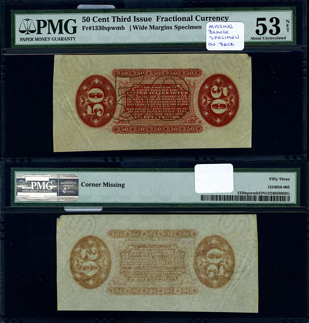 50c 3rd Issue Fractional Note ERROR Wide Margin Back PMG AU53 NET: 50c 3rd Issue Fractional Note ERROR Wide Margin Back PMG AU53 NET This is a 50 cent Fractional Note, specifically the FR. 1330 sp 50 c. from the 3rd Issue, graded AU53 NET by PMG. This note features e