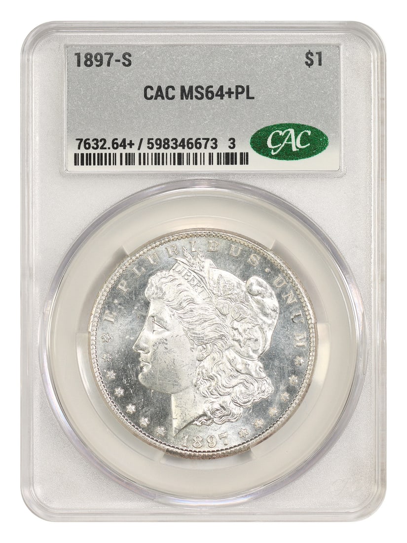 Morgan Dollar 1897-S $1 CACG MS64+PL: Morgan Dollar 1897-S $1 CACG MS64+PL An 1897-S Morgan Dollar $1 in uncirculated condition, certified by CACG and graded MS64+PL. The coin is pre-owned and identified with certification number 59834667