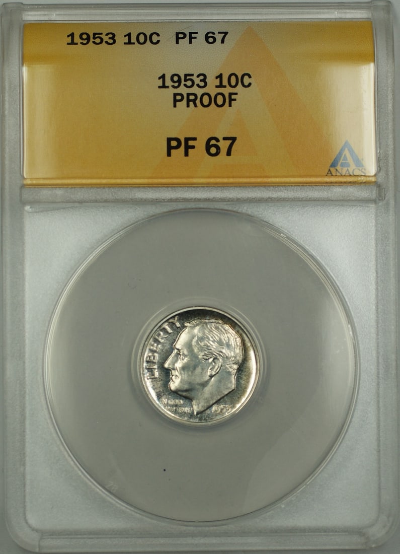 1953 Silver Roosevelt Dime Proof ANACS PF-67 With Light Toning: 1953 Silver Roosevelt Dime Proof ANACS PF-67 With Light Toning This 1953 Roosevelt Dime is a silver proof coin graded PF-67 by ANACS. Minted in Philadelphia, it is uncirculated and features light toni