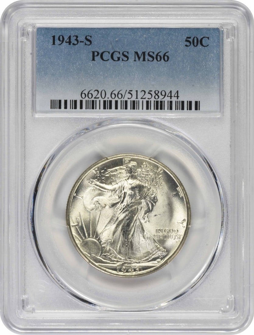 PCGS MS66 1943-S Liberty Walking 50C Silver Half Dollar: PCGS MS66 1943-S Liberty Walking 50C Silver Half Dollar 1943-S Walking Liberty silver half dollar certified by PCGS and graded MS66. This uncirculated United States 50C coin is a pre-owned example of 