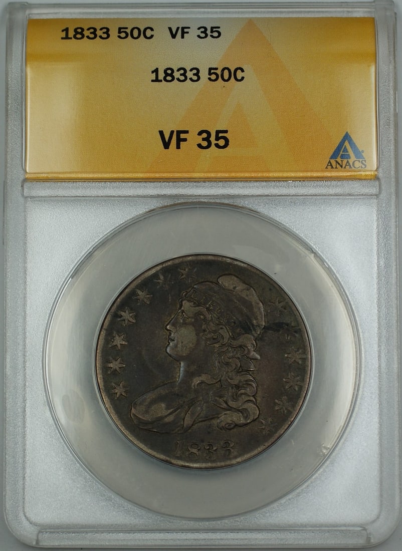 1833 Silver Capped Bust Half Dollar ANACS VF 35 Certified Coin: 1833 Silver Capped Bust Half Dollar ANACS VF 35 Certified Coin This 1833 Capped Bust Silver Half Dollar is a circulated 50 cent coin certified by ANACS with a grade of VF 35. It was minted in Philadel