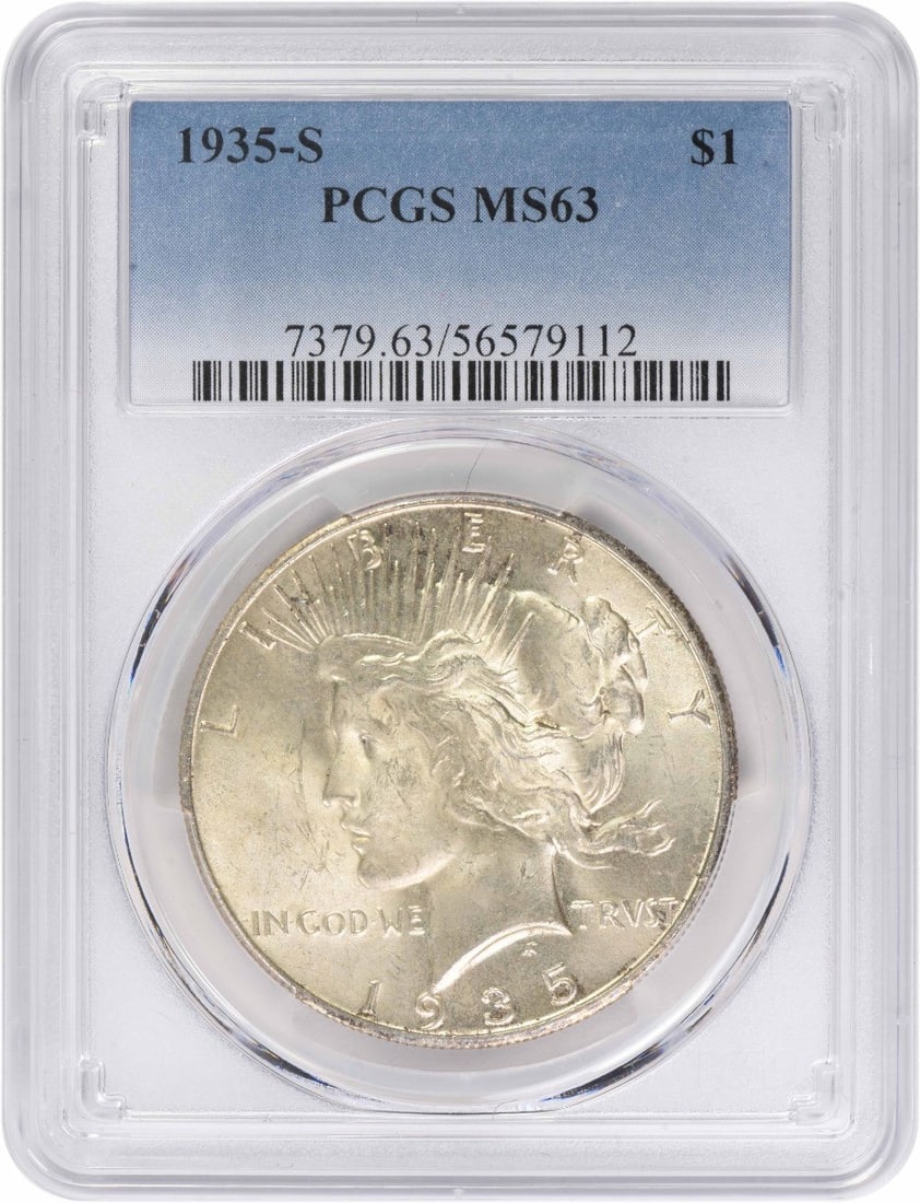 MS63 PCGS 1935 San Francisco Peace Dollar 90 Percent Silver Uncirculated: MS63 PCGS 1935 San Francisco Peace Dollar 90 Percent Silver Uncirculated This 1935-S Peace Silver Dollar is graded MS63 by PCGS. Minted in San Francisco, it is composed of 90% silver and 10% copper an