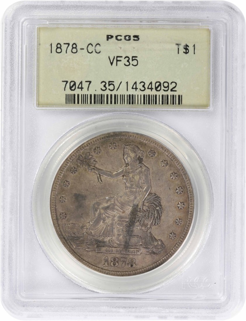 PCGS VF35 1878 Carson City Trade Dollar $1 Silver Coin: PCGS VF35 1878 Carson City Trade Dollar $1 Silver Coin 1878-CC Trade Silver Dollar graded VF35 by PCGS. This circulated, pre-owned United States coin is a Carson City issue from the Trade Dollar serie