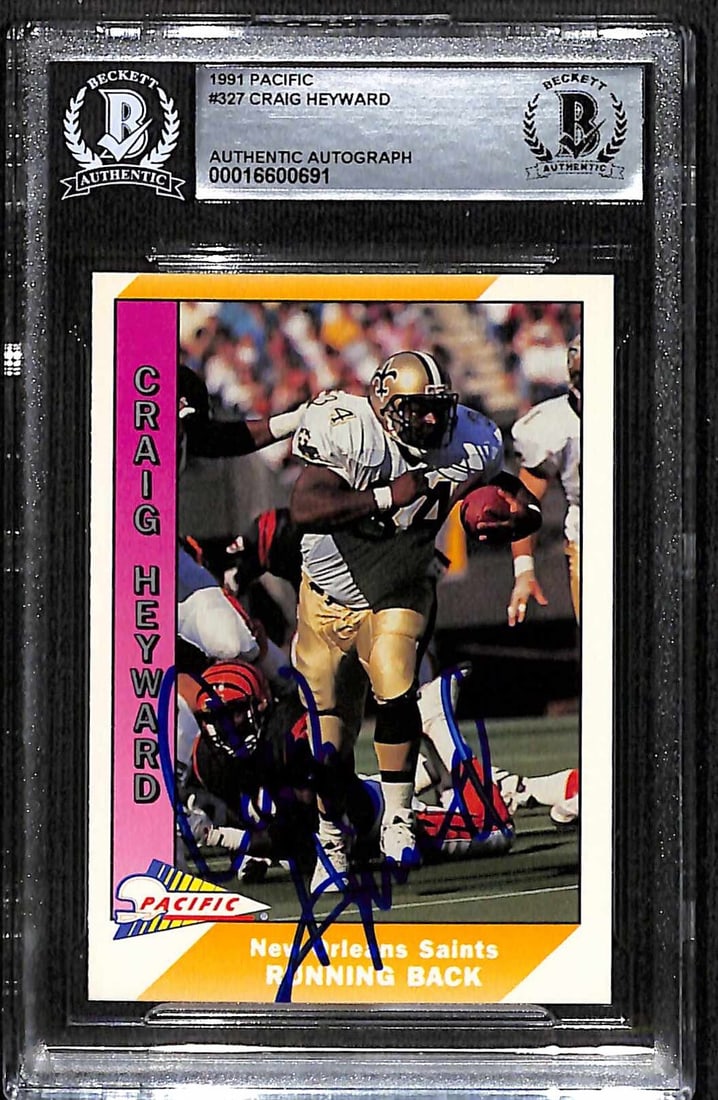 1991 Pacific Football Craig Heyward #327 Signed Card Beckett Authenticated: 1991 Pacific Football Craig Heyward #327 Signed Card Beckett Authenticated This is an original 1991 Pacific Football trading card featuring Craig Heyward, the former New Orleans Saints running back. T