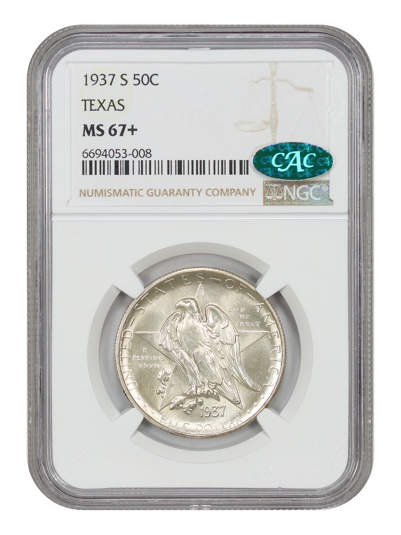 NGC CAC MS67+ 1937 S Texas Silver Commemorative Half Dollar: NGC CAC MS67+ 1937 S Texas Silver Commemorative Half Dollar 1937-S Texas Silver Commemorative half dollar graded NGC MS67+ with CAC approval. This uncirculated classic commemorative has a low mintage 