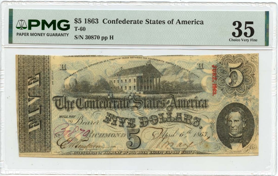 1863 Confederate States $5 PMG VF35 T-60 Note (1 of 2)