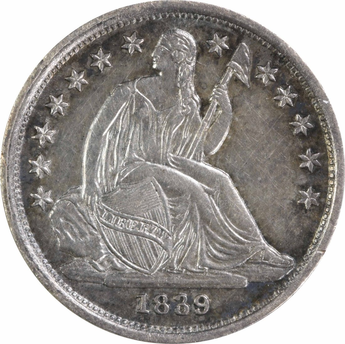 1839 O Seated Liberty 10C Silver Dime AU Uncertified: 1839 O Seated Liberty 10C Silver Dime AU Uncertified 1839-O Liberty Seated silver dime with No Drapery design. This uncertified circulated coin is graded AU and offered in pre-owned condition. Specifi