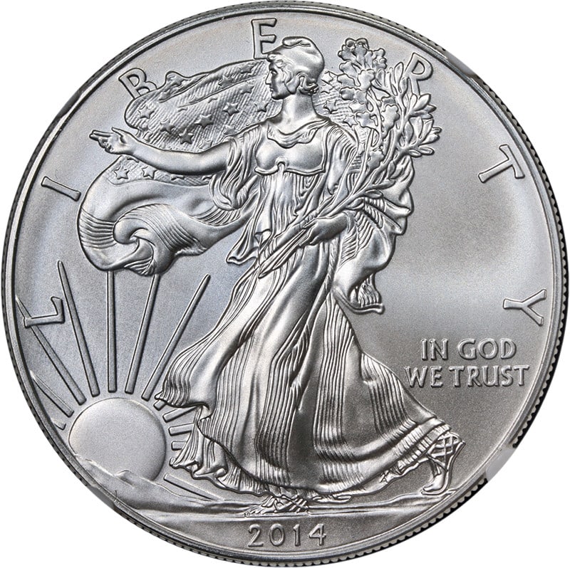2014 NGC MS70 Silver Eagle Dollar with Brown Label: 2014 NGC MS70 Silver Eagle Dollar with Brown Label This 2014 Silver American Eagle $1 coin is certified by NGC with the MS70 grade and features the Brown Label. Struck in .999 fine silver, it is uncir