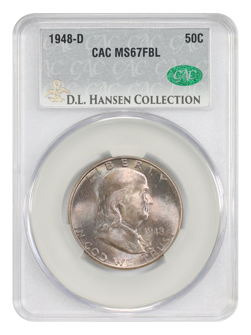 CACG MS67FBL 1948-D Franklin Half Dollar 50C: CACG MS67FBL 1948-D Franklin Half Dollar 50C 1948-D Franklin Half Dollar certified by CACG as MS67FBL and pedigreed ex: D.L. Hansen. This uncirculated example is described as a highly attractive piece