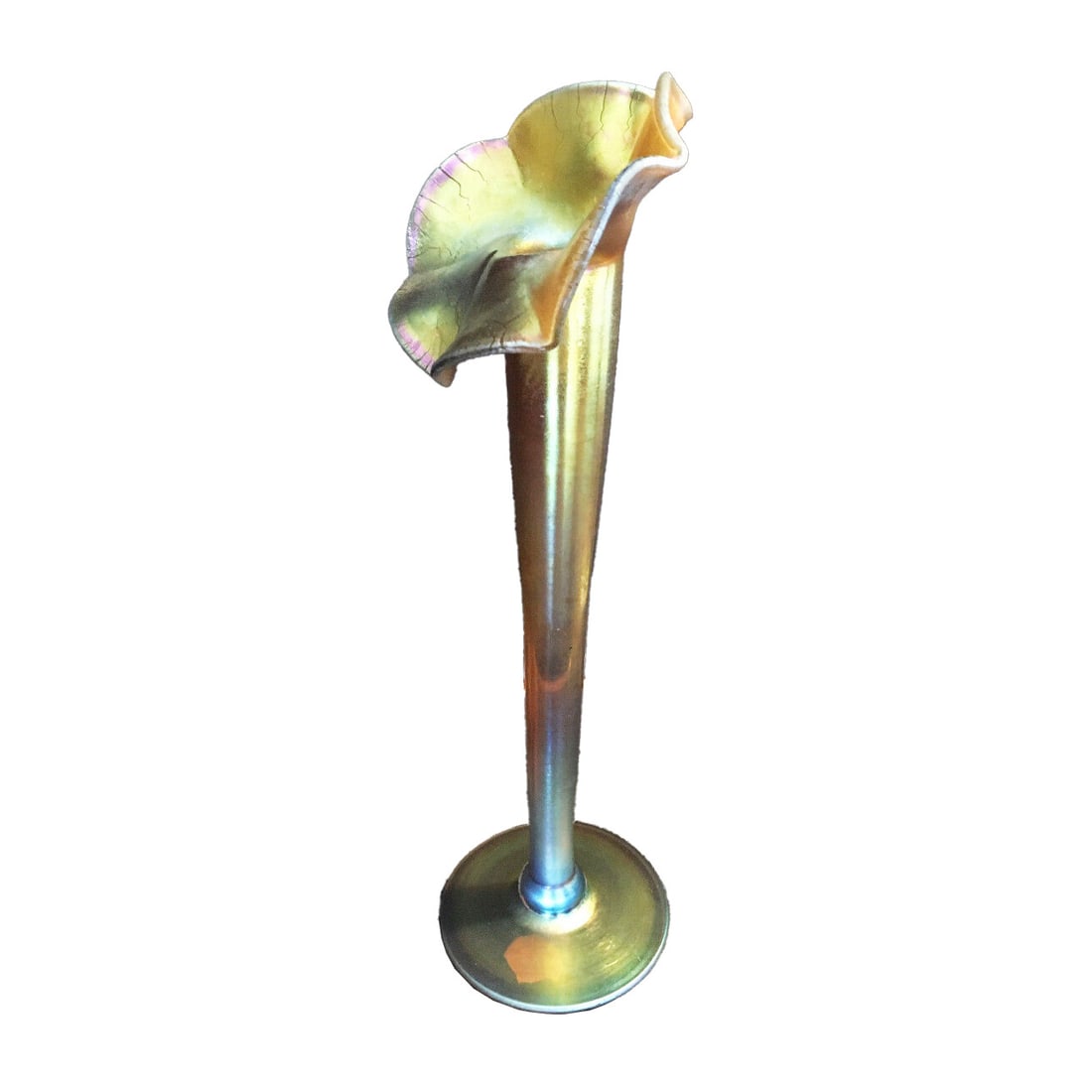 Steuben iridescent glass flower form art vase: Steuben iridescent glass flower form art vase This Steuben Aurene flower form vase is crafted from glass and features a distinctive flower-shaped opening with a round base. Made in the United States, 