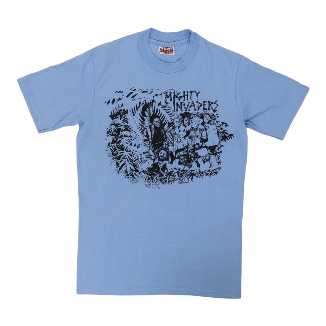 Vintage 1980s Playing for Jah People Mighty Invaders Graphic Shirt Blue Cotton (1 of 5)