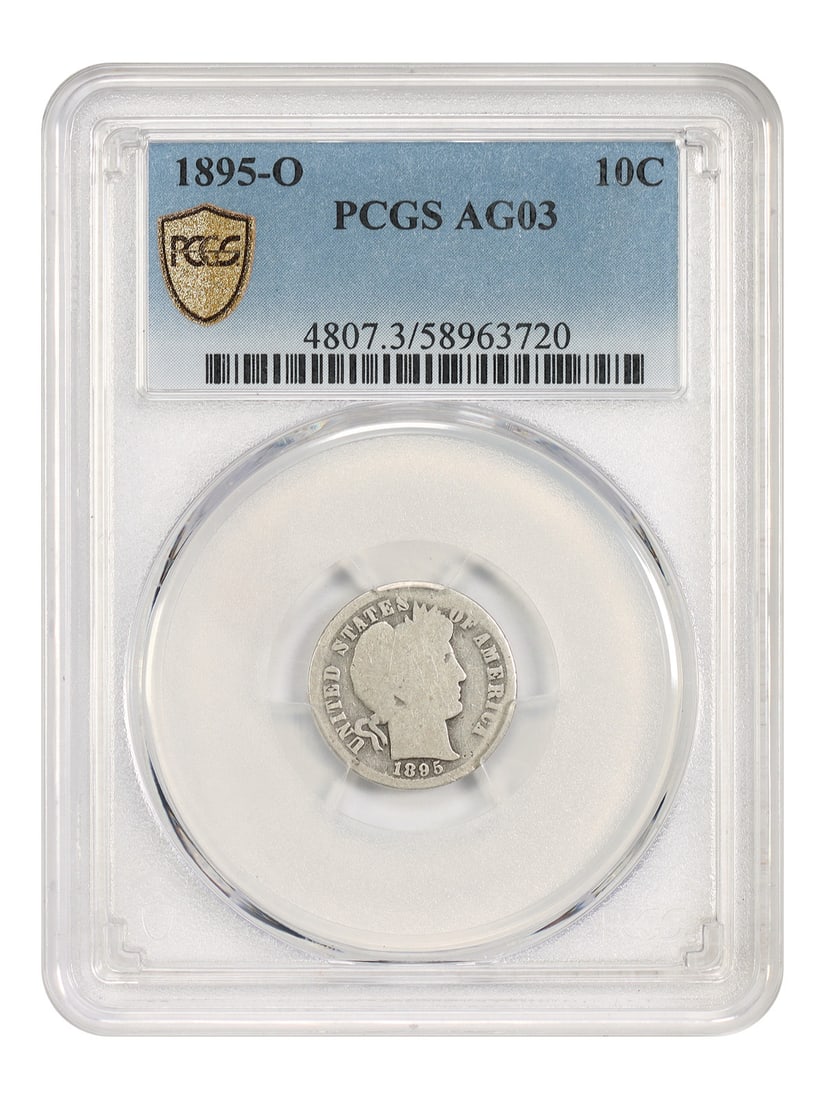 PCGS AG03 1895 O Barber Dime 10C Key Date: PCGS AG03 1895 O Barber Dime 10C Key Date 1895-O Barber Dime certified by PCGS in AG03 condition. This circulated key date O-Mint issue comes from a mintage of just 440,000 coins. Specifications Denom