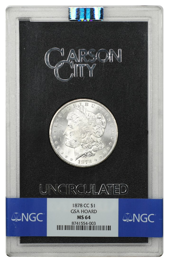 1878 Carson City Morgan Dollar $1 NGC MS64 GSA Holder: 1878 Carson City Morgan Dollar $1 NGC MS64 GSA Holder 1878 Carson City Morgan Dollar GSA issue housed in the original hard case and graded NGC MS64. This uncirculated example is a pre-owned coin. Spec