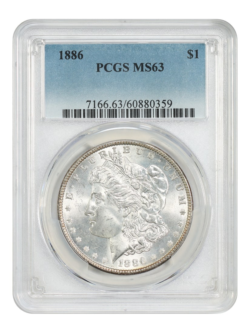 PCGS MS63 1886 Morgan Dollar Philadelphia Mint $1 Coin: PCGS MS63 1886 Morgan Dollar Philadelphia Mint $1 Coin An 1886 Morgan Dollar from the Philadelphia Mint, certified by PCGS and graded MS63. This uncirculated example is presented as a pre-owned coin a