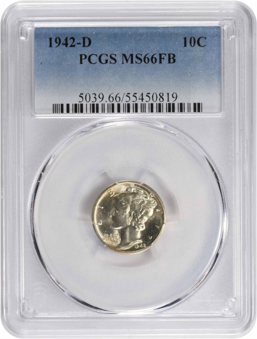 PCGS MS66FB 1942-D Mercury Dime 90 Percent Silver Uncirculated: PCGS MS66FB 1942-D Mercury Dime 90 Percent Silver Uncirculated This 1942-D Mercury Silver Dime is graded MS66FB by PCGS. Minted in Denver, it is composed of 90% silver and 10% copper, with a reeded ed