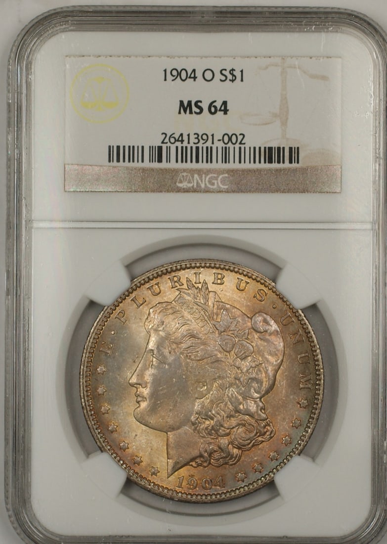 NGC MS-64 1904-O Morgan Silver Dollar Uncirculated New Orleans Mint: NGC MS-64 1904-O Morgan Silver Dollar Uncirculated New Orleans Mint This 1904-O Morgan Silver Dollar is a $1 coin from the United States, minted in New Orleans. Certified by NGC with a grade of MS 64,