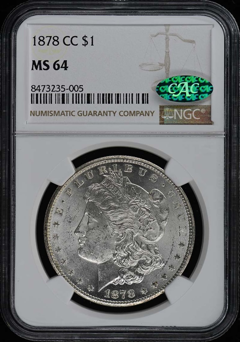 1878-CC Morgan Dollar NGC MS64 CAC Certified Coin: 1878-CC Morgan Dollar NGC MS64 CAC Certified Coin Presenting the 1878-CC Morgan Dollar, a remarkable piece of numismatic history certified by NGC with a grade of MS64. This uncirculated coin was minte