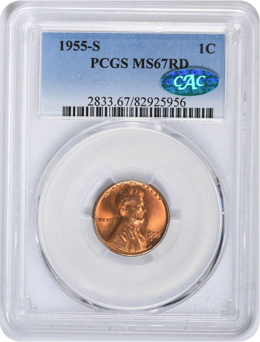PCGS MS67RD CAC 1955-S Lincoln Wheat Cent San Francisco Mint: PCGS MS67RD CAC 1955-S Lincoln Wheat Cent San Francisco Mint This 1955-S Lincoln Wheat Cent is graded MS67 Red by PCGS and features CAC certification, confirming its quality. Struck in San Francisco, 