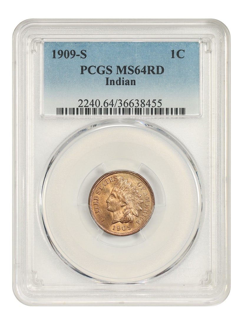 PCGS MS64RD 1909 S Indian Head Cent 1C Red Key Date: PCGS MS64RD 1909 S Indian Head Cent 1C Red Key Date Popular and rare S-mint Indian Head cent from the final year of issue, especially desirable in full red. This 1909-S Indian Cent is a handsome, choi