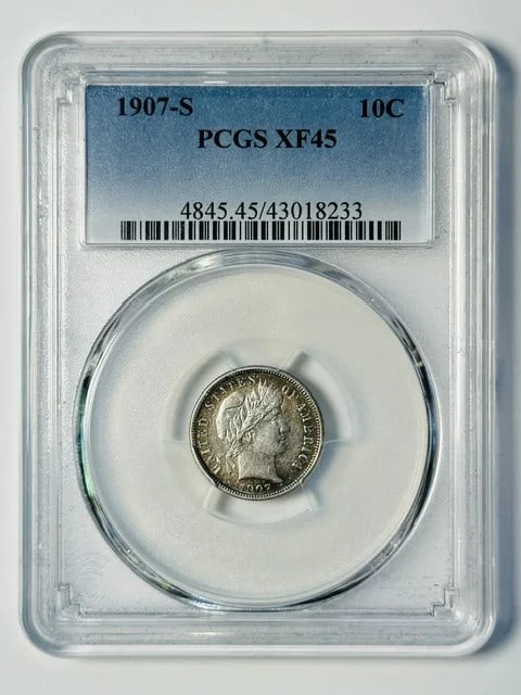 PCGS XF-45 1907-S Barber Silver Dime: PCGS XF-45 1907-S Barber Silver Dime 1907-S Barber Dime graded XF-45 by PCGS. This pre-owned silver 10-cent coin was minted in San Francisco and features the certification number listed in the origina