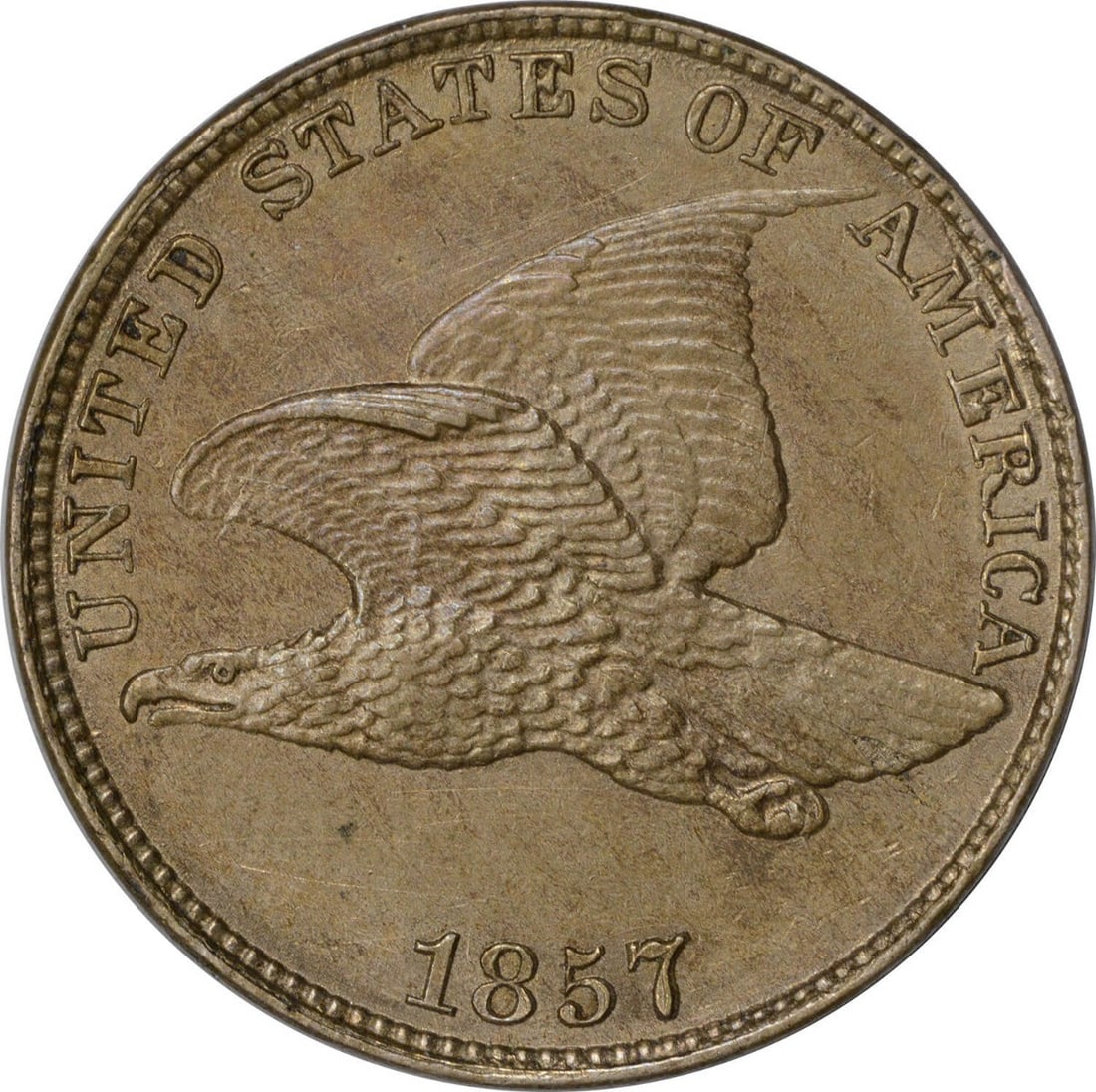 1857 US Small Cent Flying Eagle Copper MS63 Uncertified: 1857 US Small Cent Flying Eagle Copper MS63 Uncertified 1857 Flying Eagle cent offered in uncirculated, pre-owned condition. This uncertified small cent is identified as a Choice BU example and featur