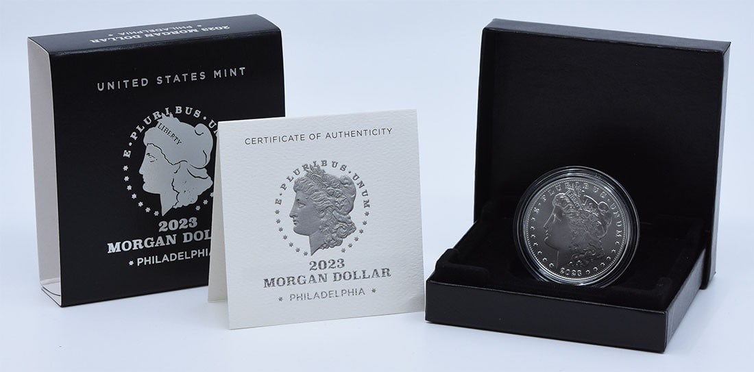 2023 Morgan silver dollar original government packaging: 2023 Morgan silver dollar original government packaging This 2023 Morgan Silver Dollar comes in its original government packaging. The coin is uncirculated and made of silver, representing the iconic 