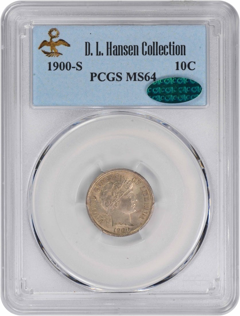 MS64 1900-S Barber Dime Certified by PCGS CAC 90 Percent Silver: MS64 1900-S Barber Dime Certified by PCGS CAC 90 Percent Silver This is a 1900-S Barber Silver Dime graded MS64 by PCGS with CAC approval. Minted in San Francisco, this uncirculated coin features the 