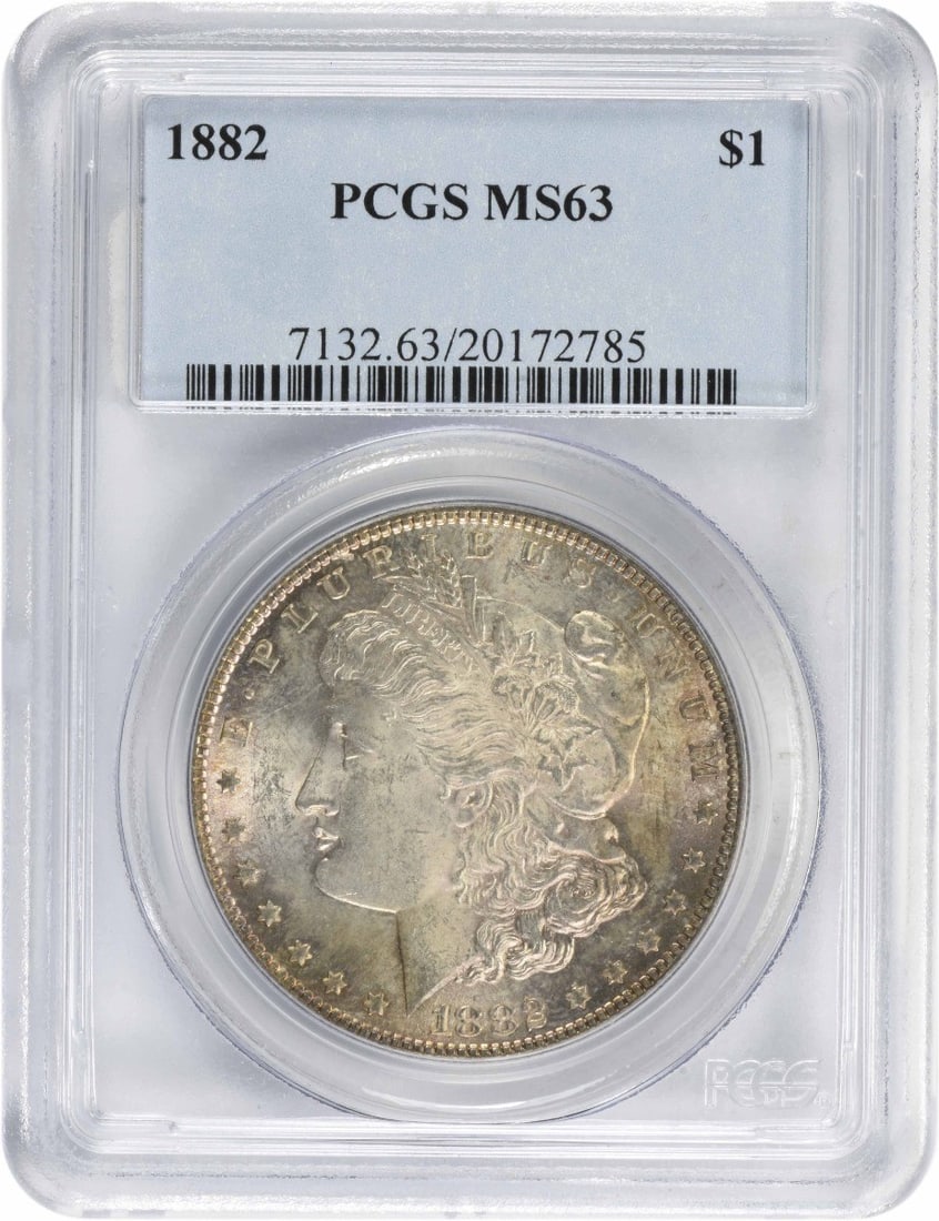 1882 Morgan Silver Dollar MS63 PCGS Uncirculated 90% Silver: 1882 Morgan Silver Dollar MS63 PCGS Uncirculated 90% Silver This 1882 Morgan Silver Dollar is a stunning example of American coinage, boasting a remarkable MS63 grade from PCGS. Crafted in 1882 at the