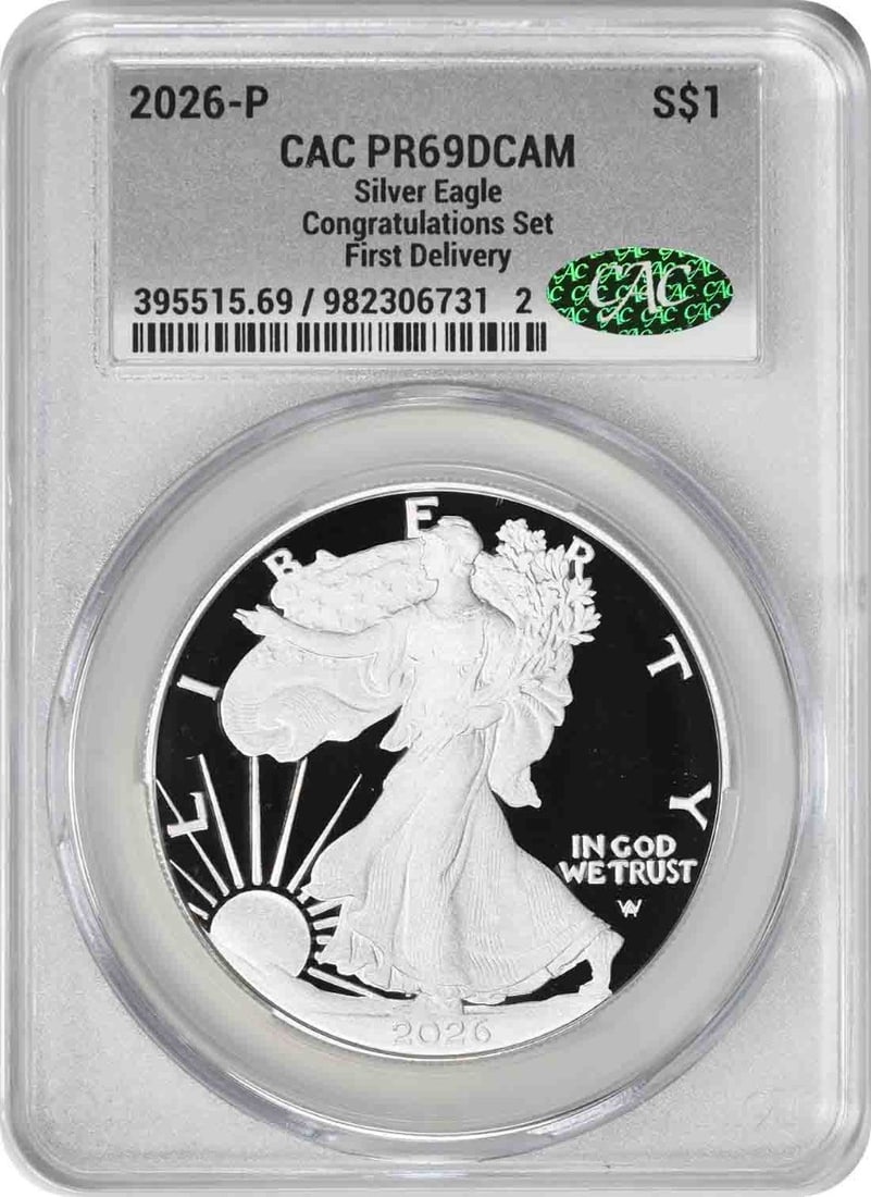 2026 P American Silver Eagle Congratulations Set PR69DCAM CACG First Delivery: 2026 P American Silver Eagle Congratulations Set PR69DCAM CACG First Delivery This 2026-P $1 American Silver Eagle from the Congratulations Set is a proof coin graded PR69DCAM by CACG. Minted at the P