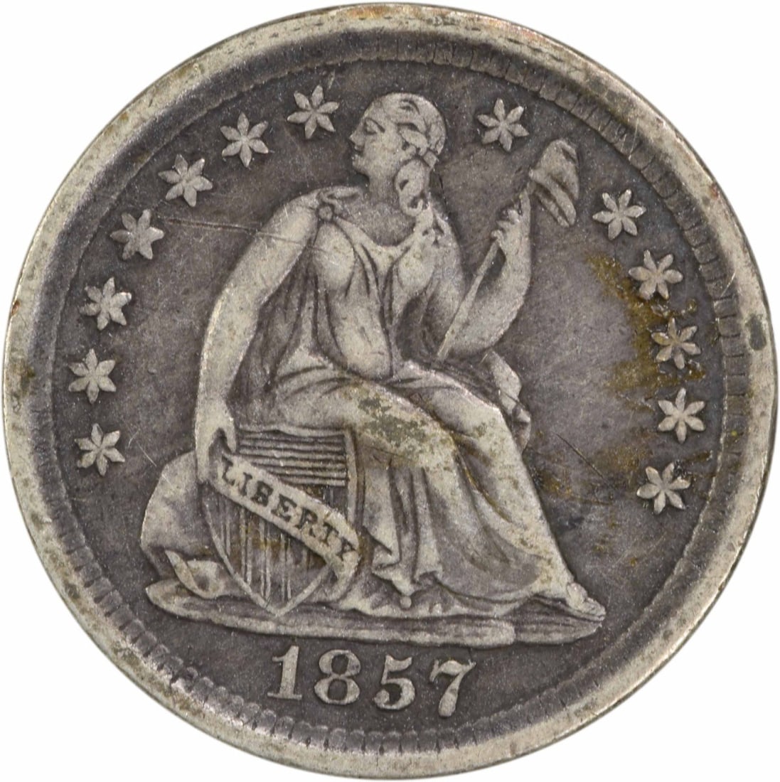 1857 Liberty Seated Half Dime Silver Coin EF Uncertified: 1857 Liberty Seated Half Dime Silver Coin EF Uncertified This 1857 Liberty Seated Silver Half Dime is a notable piece of American numismatics. Featuring a design by Christian Gobrecht, this coin showc