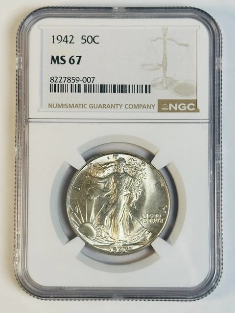 NGC MS 67 1942 Walking Liberty Half Dollar Silver: NGC MS 67 1942 Walking Liberty Half Dollar Silver This 1942 Walking Liberty Half Dollar is graded MS-67 by NGC, indicating an uncirculated coin with exceptional quality. Struck in silver, this coin or