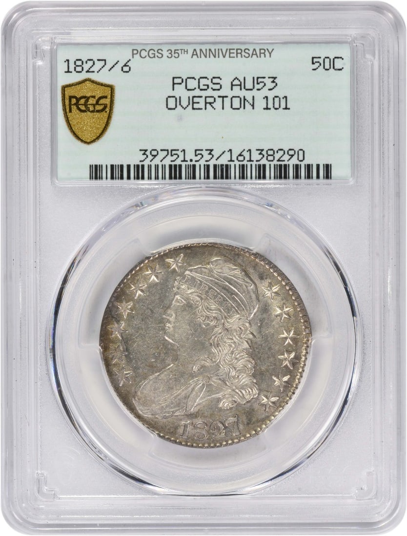 PCGS AU53 1827/6 O-101 Capped Bust Half Dollar Patched 3 Variety: PCGS AU53 1827/6 O-101 Capped Bust Half Dollar Patched 3 Variety This 1827/6 Bust Silver Half Dollar features the Patched 3 variety and is graded AU53 by PCGS. Minted in Philadelphia, this coin was de
