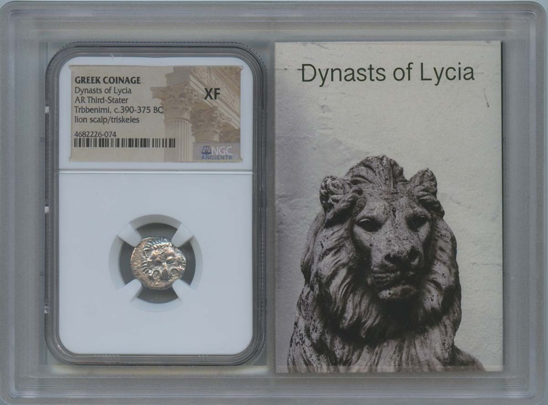 Ancient Greek AR Third Stater Coin NGC XF45 Dynasts of Lycia 390-375 BC: Ancient Greek AR Third Stater Coin NGC XF45 Dynasts of Lycia 390-375 BC This ancient Greek AR Third Stater from the Dynasts of Lycia dates back to 390-375 BC. It is graded XF45 by NGC, indicating its 