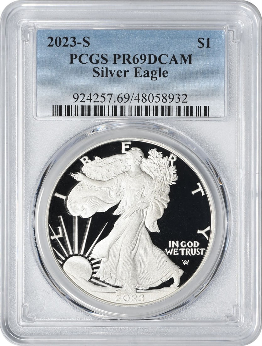 PCGS PR69DCAM 2023-S American Silver Eagle Proof Dollar: PCGS PR69DCAM 2023-S American Silver Eagle Proof Dollar 2023-S American Silver Eagle proof coin graded PR69DCAM by PCGS. This pre-owned coin contains 1 oz of precious metal content and features the Am
