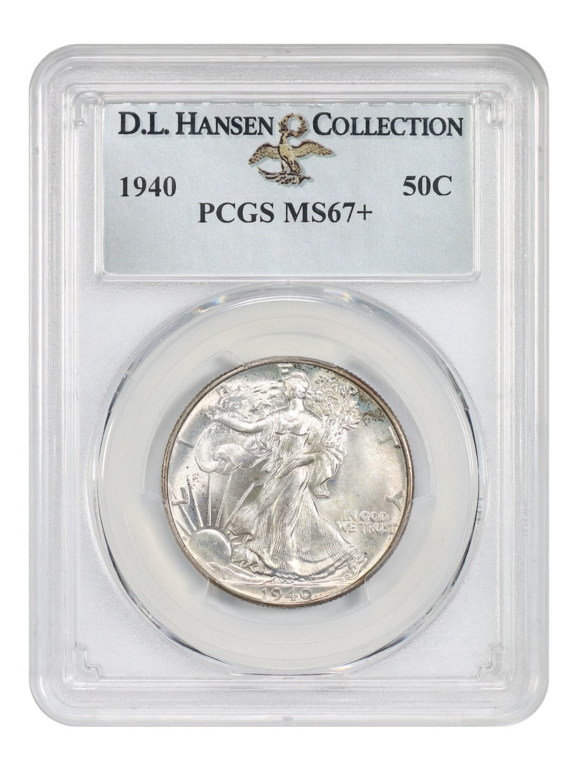 Walking Liberty Half Dollar 1940 50C PCGS MS67+ ex D.L. Hansen: Walking Liberty Half Dollar 1940 50C PCGS MS67+ ex D.L. Hansen 1940 Walking Liberty Half Dollar certified by PCGS in MS67+ grade. This Philadelphia issue is described as a wholly original, lightly ton